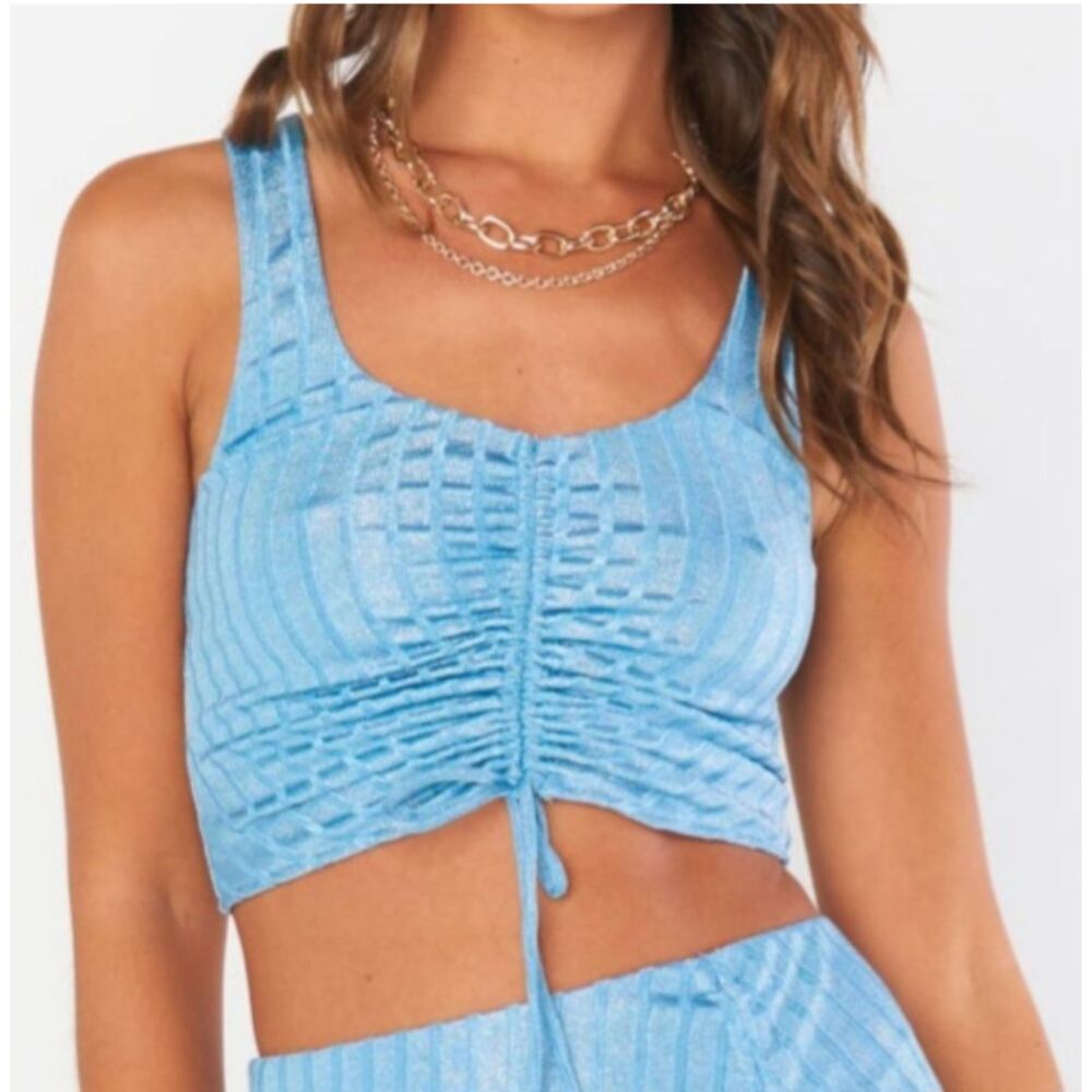 Show Me Your Mumu Crop Top Hazy Blue Metallic Ruched Tank Size Large